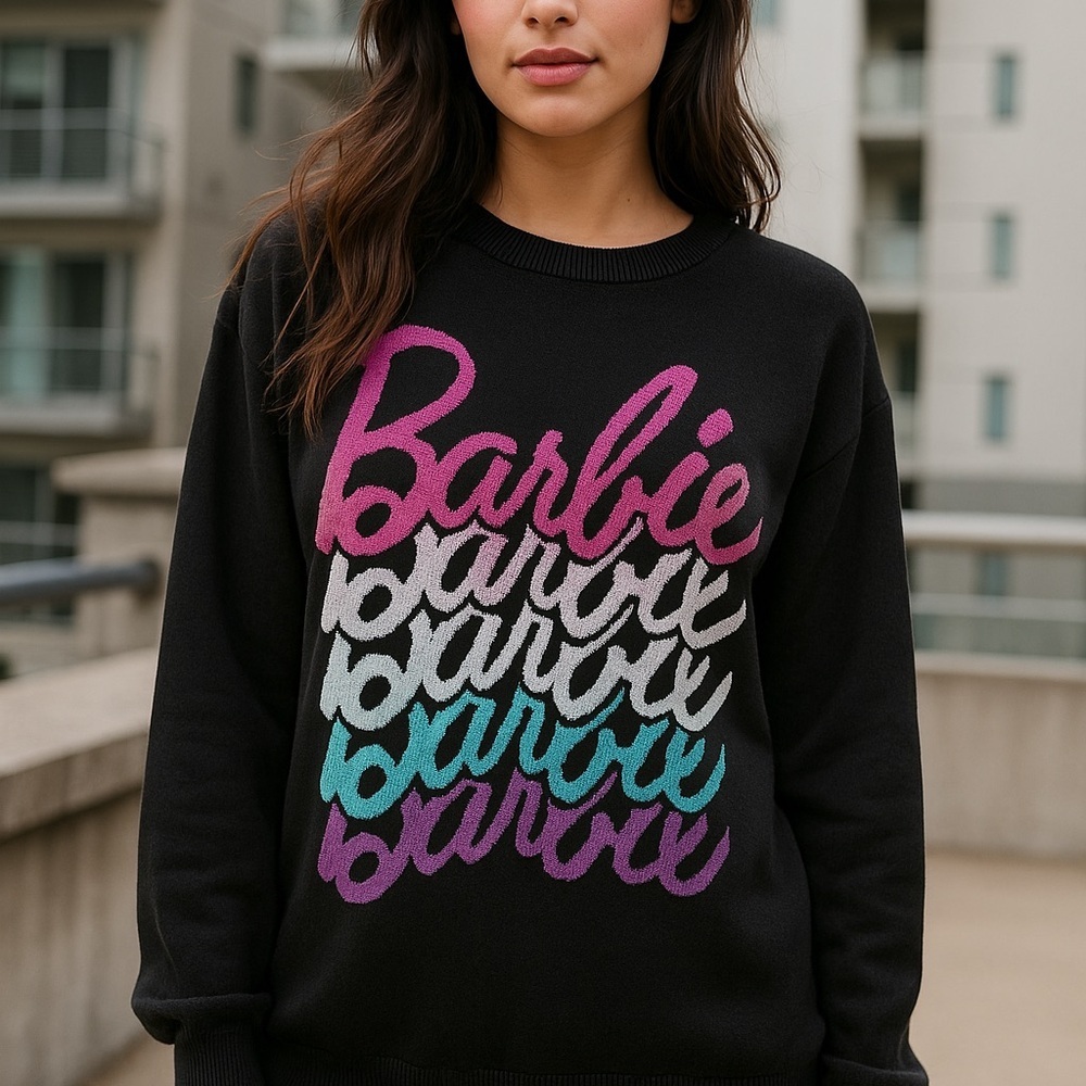 Barbie Multi-Color Logo Black Pullover Sweater Barbiecore Aesthetic Size XL